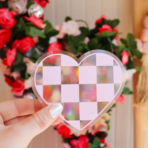 Checkered Pink Heart Suncatcher Holographic