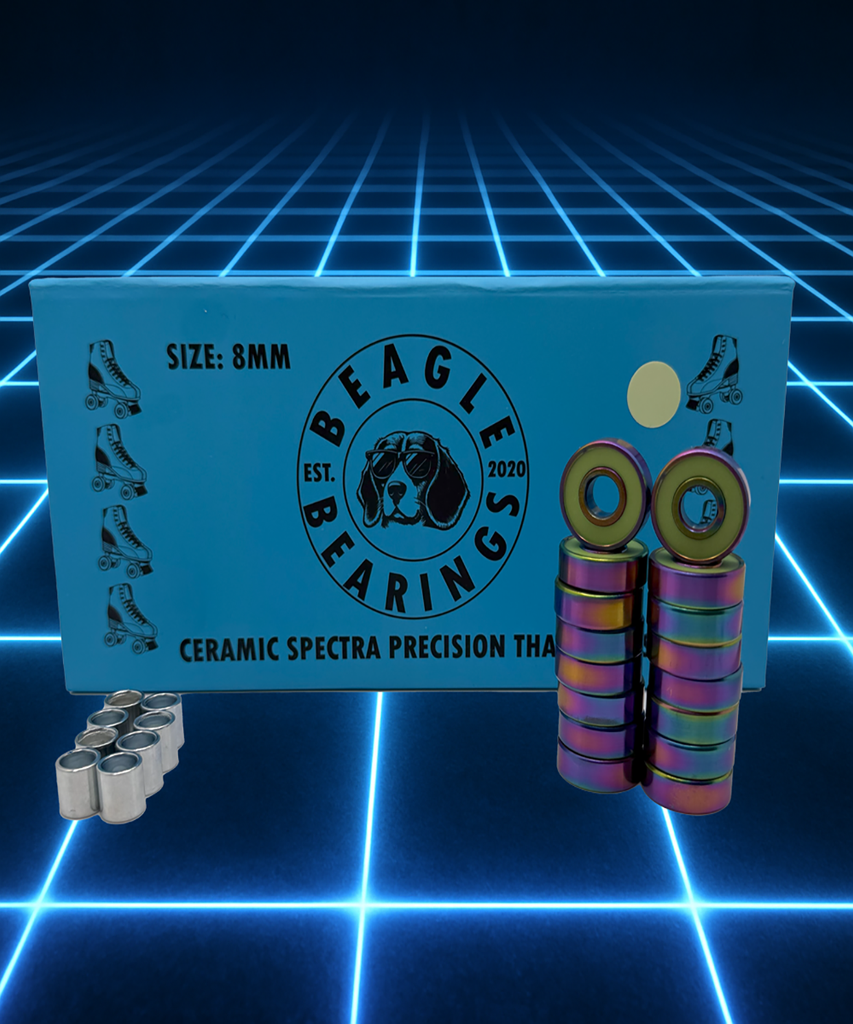 Beagle Bearings Ceramic Spectra 8mm ceramic roller skate bearings with rainbow finish engineered for maximum speed and smooth performance